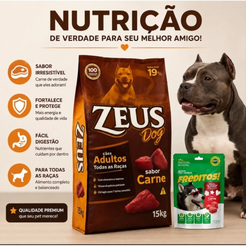 Ração Zeus Dog Adulto  Sabor Carne Todas as Raças 15kg mais pacote de bifinhos Freditos 500G, Produto Super Nutriçional