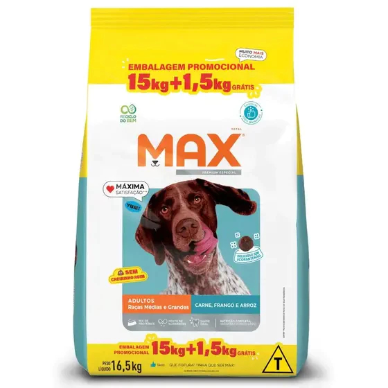 Ração Max Adulto Carne,Frango e Arroz 15Kg+1,5Kg Pacote Promocional