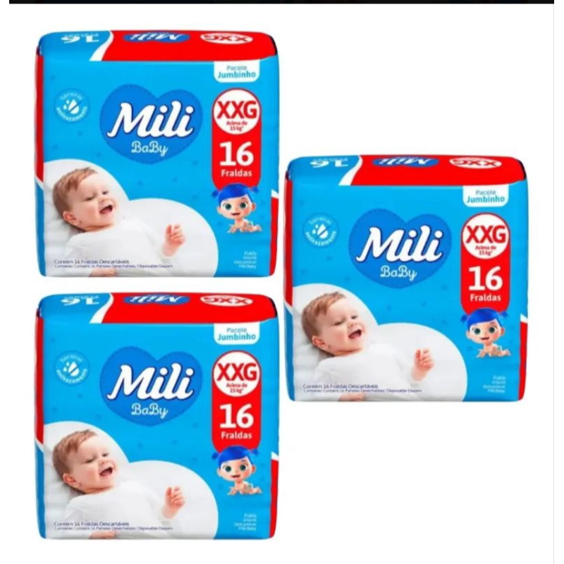 Kit 3 Pacotes Fralda Mili Baby Jumbinho Tamanho XXG Acima 15kg Total 48 Fraldas