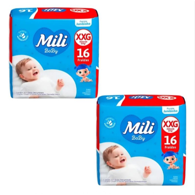 Kit 2 Pacotes Fralda Mili Baby Jumbinho Tamanho XXG Acima 15kg Total 32 Fraldas​