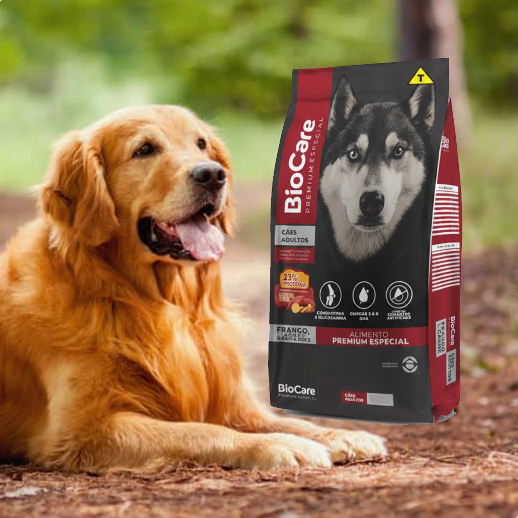 Pacote Ração Biocare Cão Adulto Premium Especial Carne Frango 15kg Bin 23% Proteina Seca Cachorro Forte Saúde