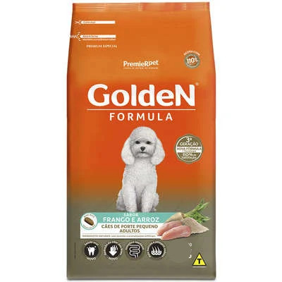Ração seca Golden Formula para cães adultos sabor frango e arroz, pacote de 15kg.