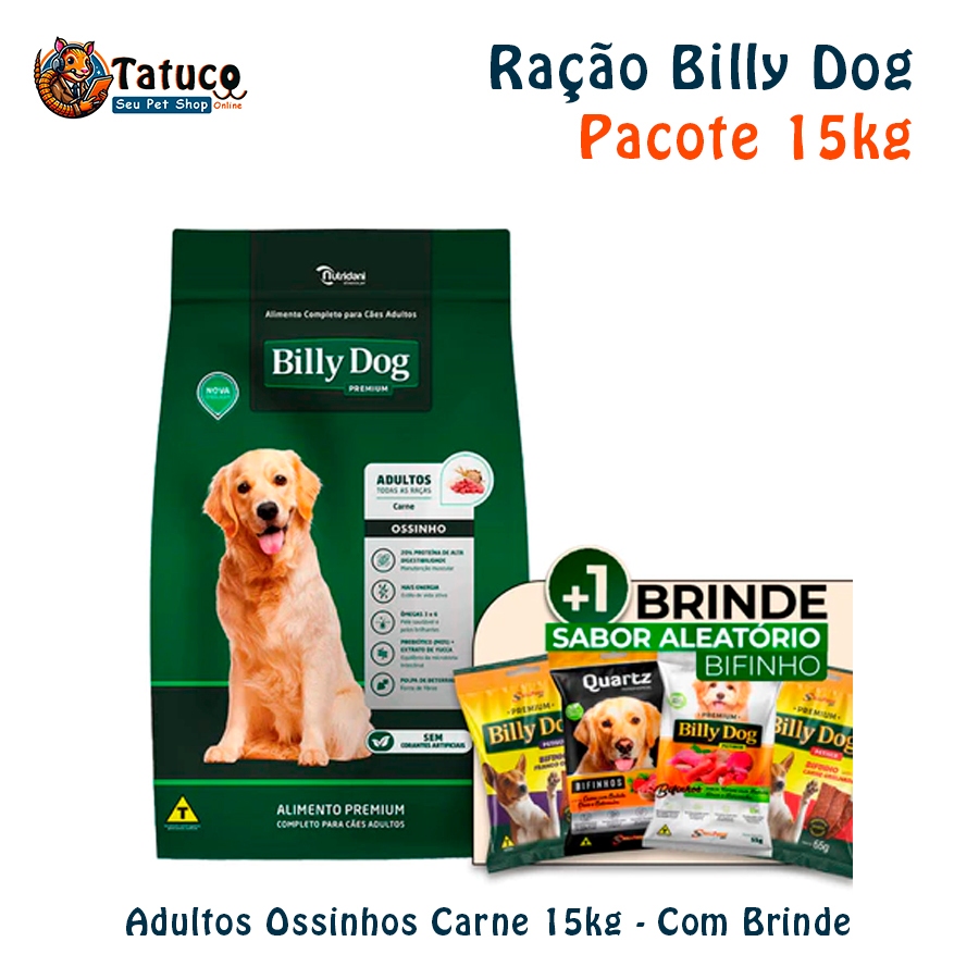 Ração Billy Dog Adultos Ossinhos Carne - Pacote 15kg