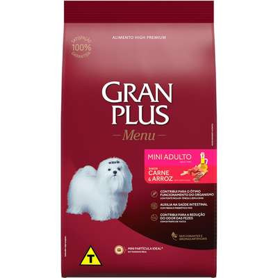 Ração Gran Plus Menu para Cães Adultos de Porte Mini, Sabor Carne e Arroz, Pacote de 15kg.