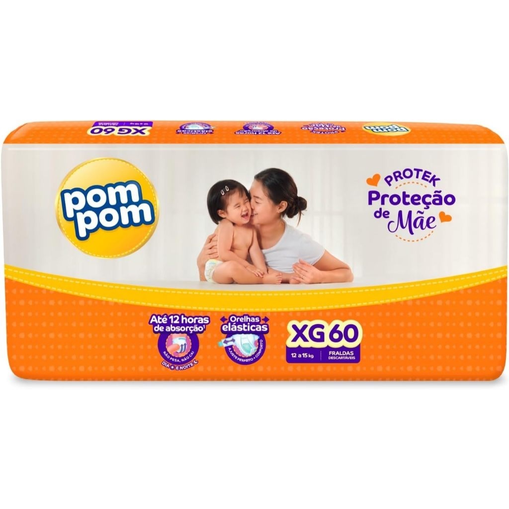 1 pacote Fralda Pompom Hiper Derma Protek Proteção de Mãe XG 60un 12 a 15kg