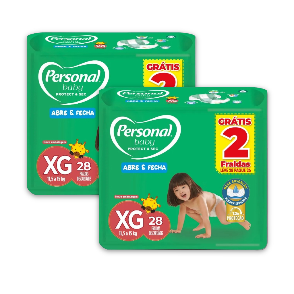 Kit 2 Pacotes de Fralda Personal Baby XG 28un - Total 56un 11 a 15kg MEGA