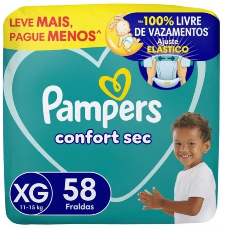 Fralda Pampers Confort Sec XG 58 Unidades (11–15kg) – Pacote Econômico, Ajuste Elástico e Até 100% Livre de Vazamentos