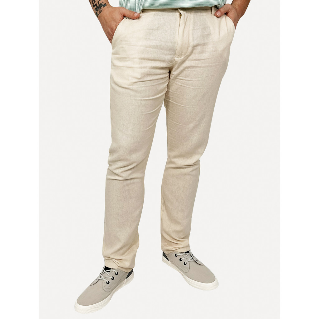 Calça King & Joe Original Sarja Masculina Slim Linho Buttons Areia
