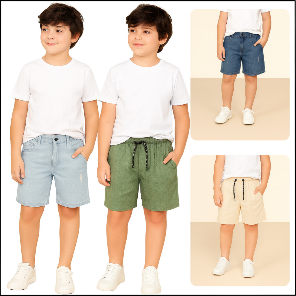 Kit 2 Bermudas Menino Short Jeans Linho e Sarja Premium Infantil e Juvenil