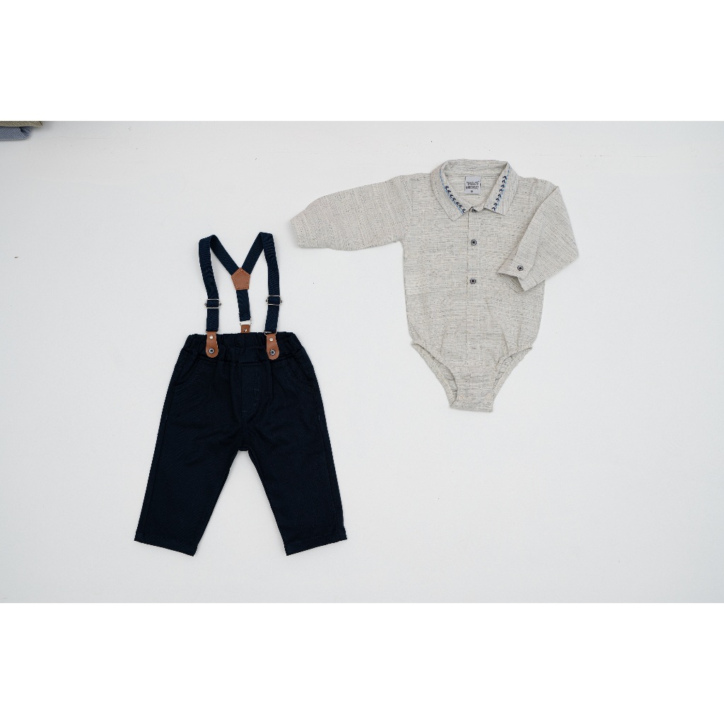 Conjunto infantil menino Traço Menor body em linho calça em sarja acompanha suspensorio tamanhos P/M/G/GG