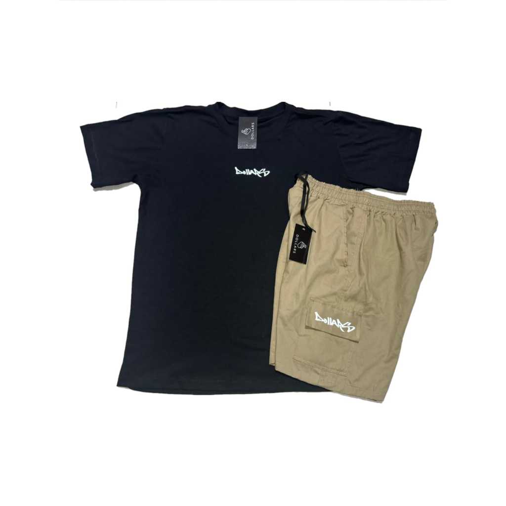 Conjunto Kit Camiseta e Shorts Bermuda Linho Sarja Cargo Bolsos Verão Oferta Promoção Combo