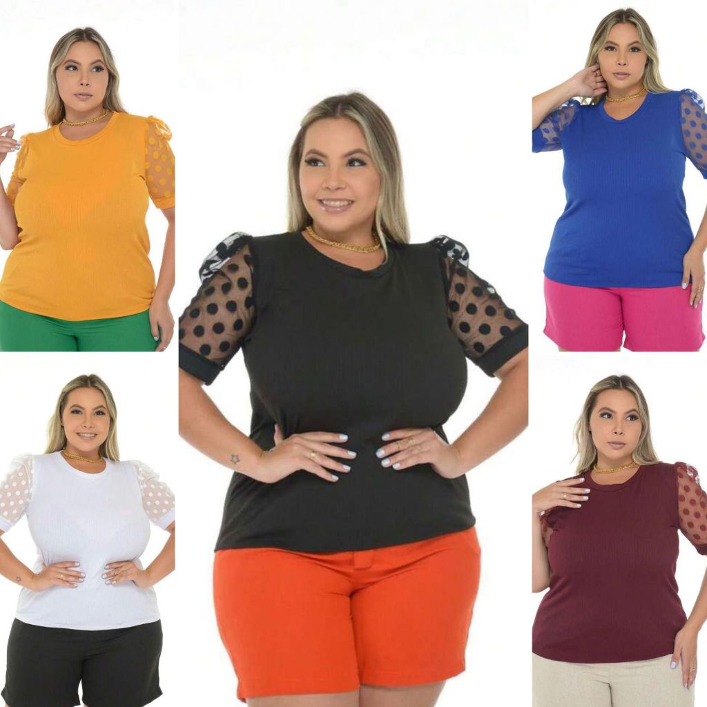 Kit 5 Blusa Feminina Plus Size Bufante Bolinha Tule Poa 46 Ao 50