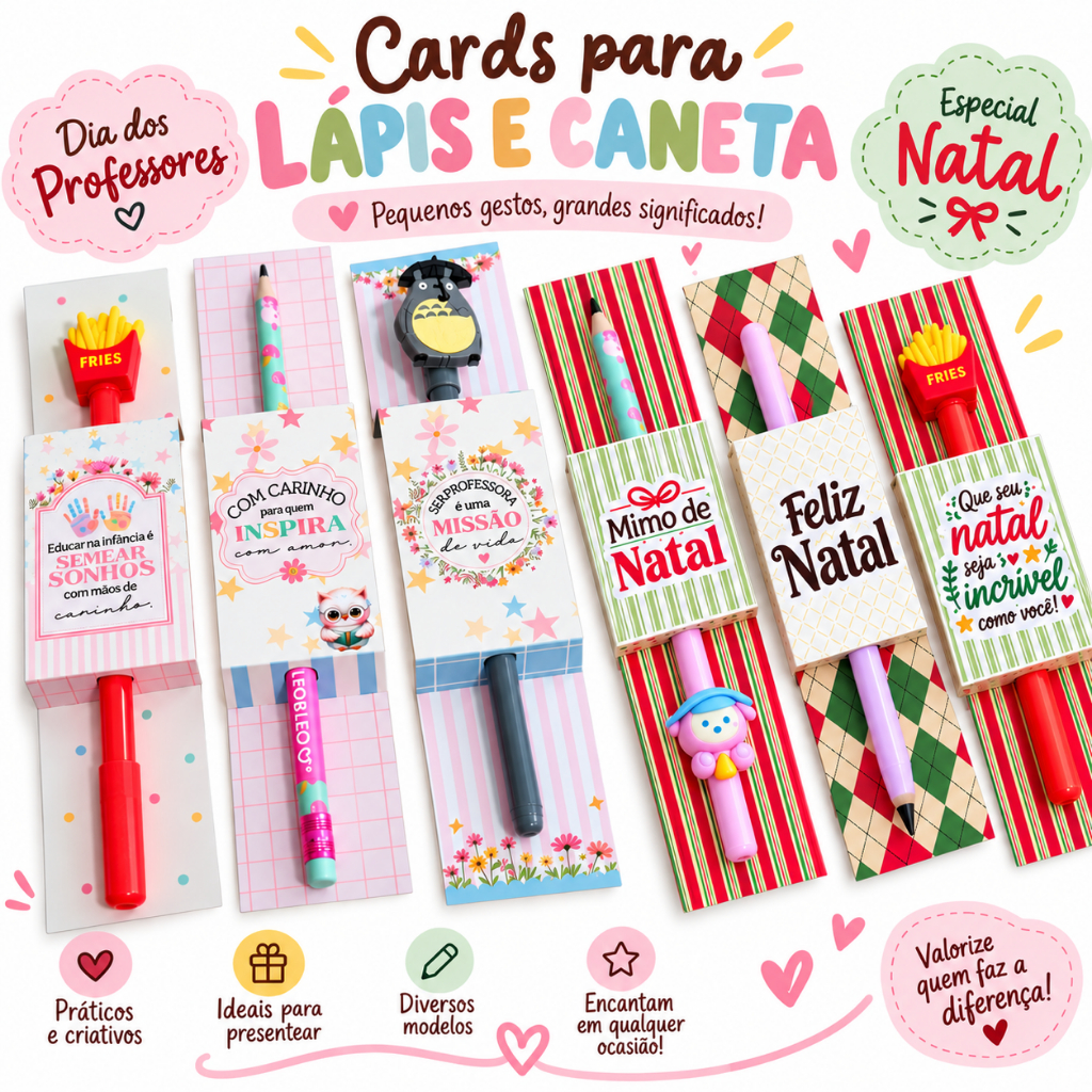 Card para caneta lápis lembrancinha dia dos professores volta às aulas - natal (não acompanha lápis)