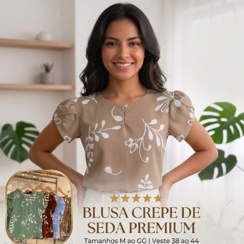 Blusa Feminina Crepe De Seda Premium Moda Evangélica Manga Princesa Puff Elegante Estampada Folhas Cristã Social Botão