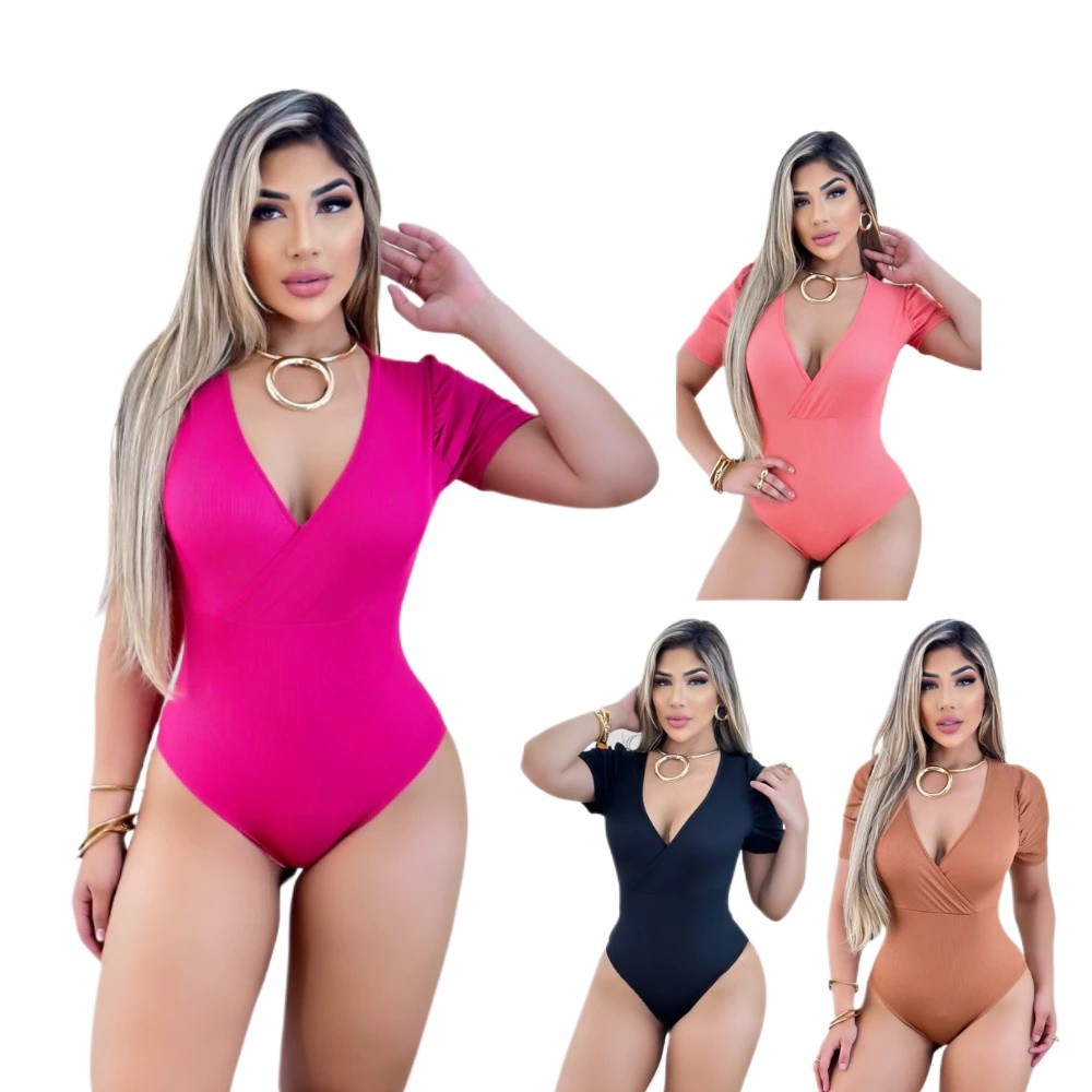 Body Ribana Feminino Decote Em V Manga Princesa Lisa Blusinha Básica Premium Blusa Casual Coladinho