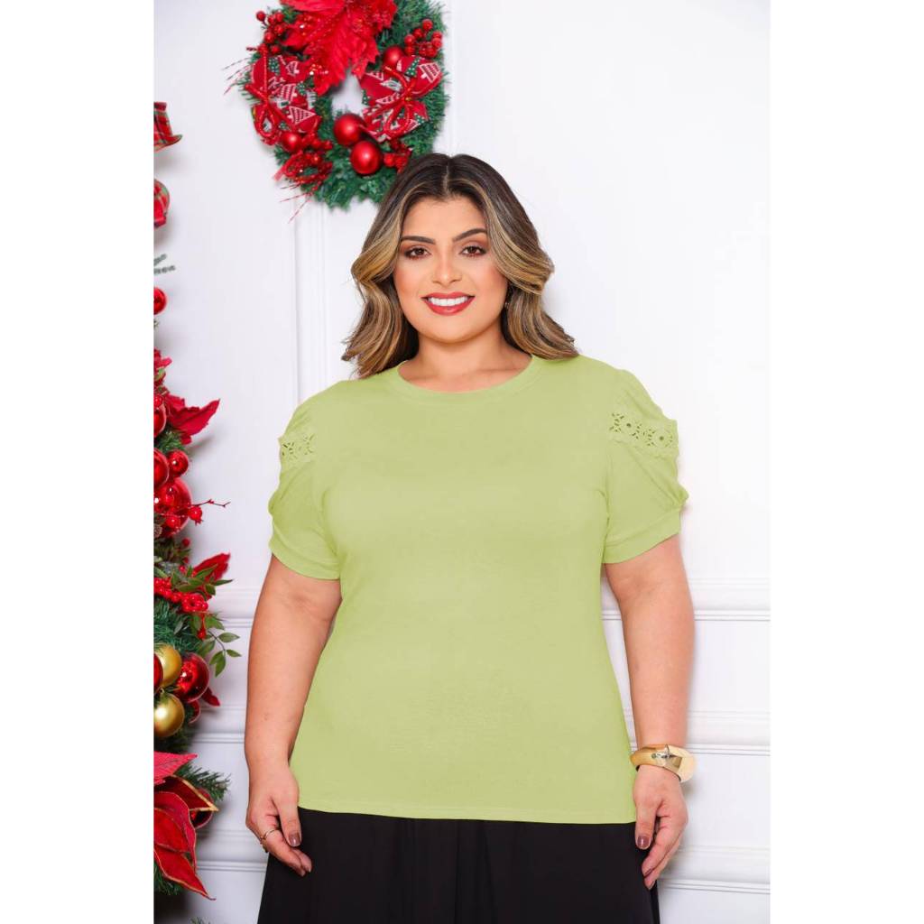 Blusa Feminina Plus Size Renda Manga Princesa Viscolycra Premium Casual Veste 46 ao 52