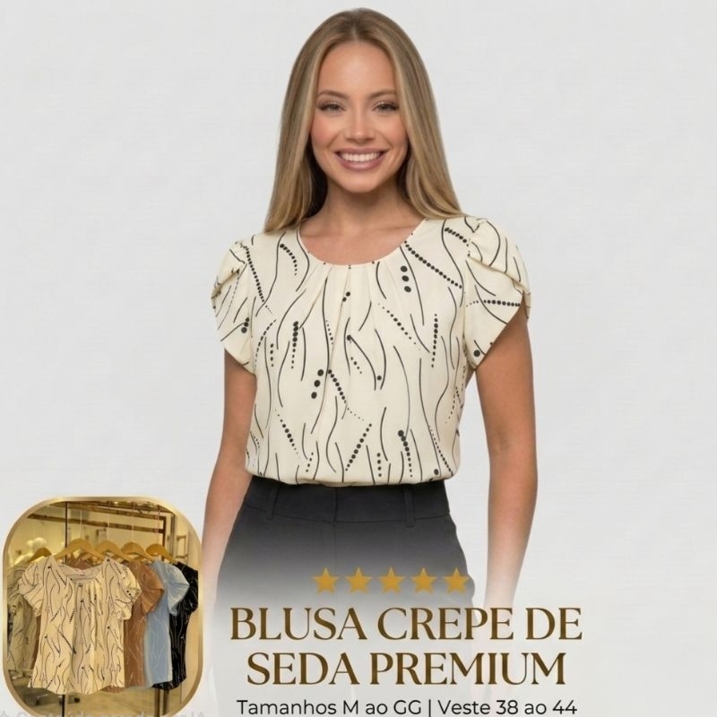 Blusa Feminina Crepe De Seda Premium Manga Princesa Plissada Decote Social Elegante Moda Evangélica Trabalho M ao GG