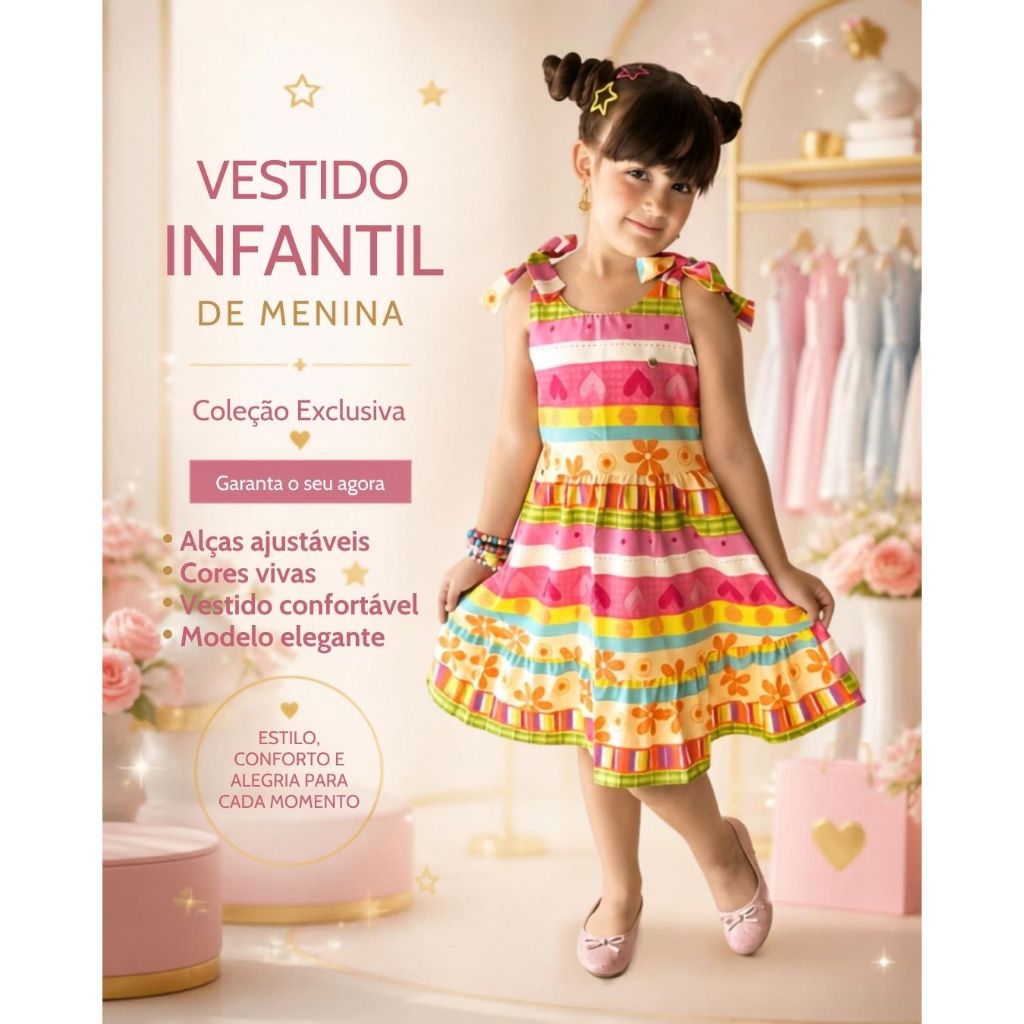 Vestido de Menina Infantil Confortável Princesa Tecido Premium com Estampas para Meninas de 02 a 08 Anos