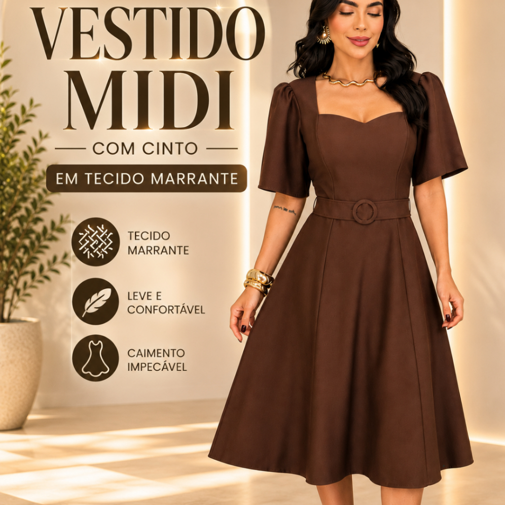 Vestido Midi Feminino com Cinto Fixo Decote Coração Tecido Marrante Manga Princesa Elegante Premium Festa Trabalho Casua