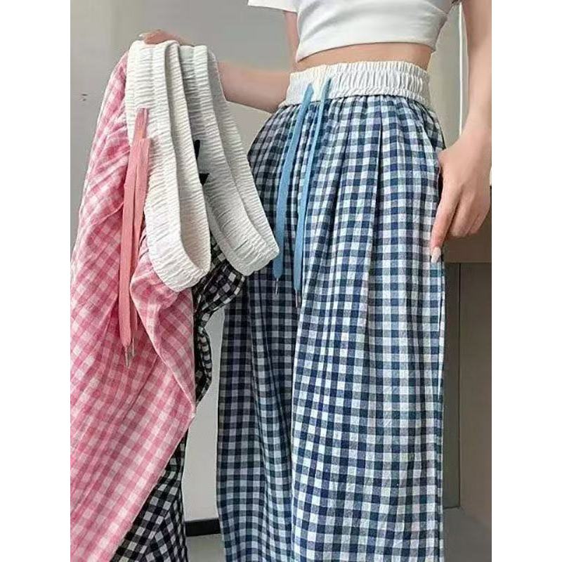 Nicho estilo preguiçoso azul xadrez calças de perna larga feminina verão versão coreana moda cintura alta solta fina cal