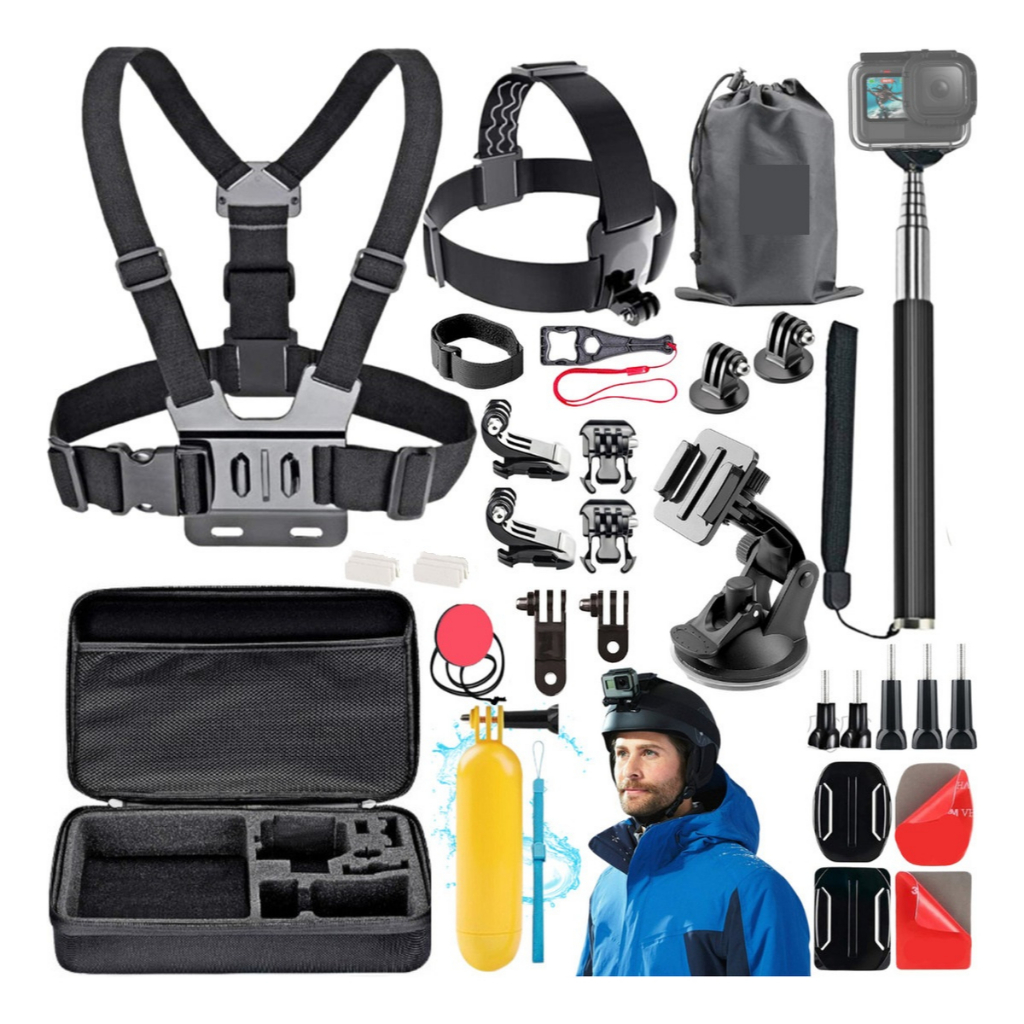 Kit Aventura 45 Peças C/ Case de Proteção P/ Camera Gopro Hero Black 13 12 11 10 9 e Similares Esporte Aventura Viagens