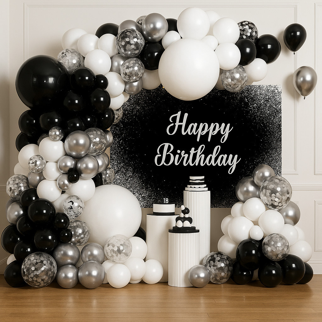 Kit 130 Balões Luxo Preto Branco Prata Cromado Para Decoração de Festa Aniversario Comemoração Arco Desconstruído + Fita