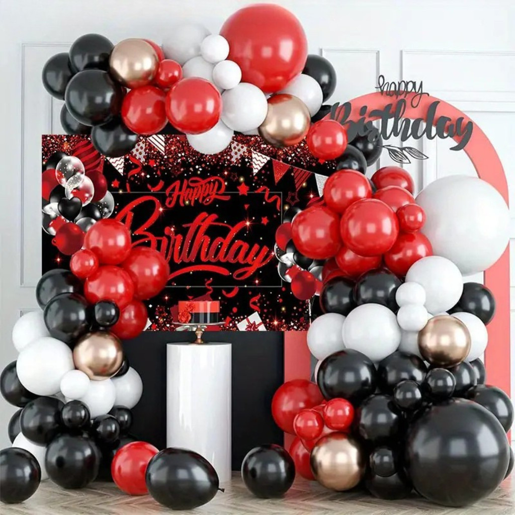 Kit Festa 130 Balões + Fita Decoração Luxo Vermelho Preto Branco Festa Aniversario Arco Desconstruído Bexiga Cromado
