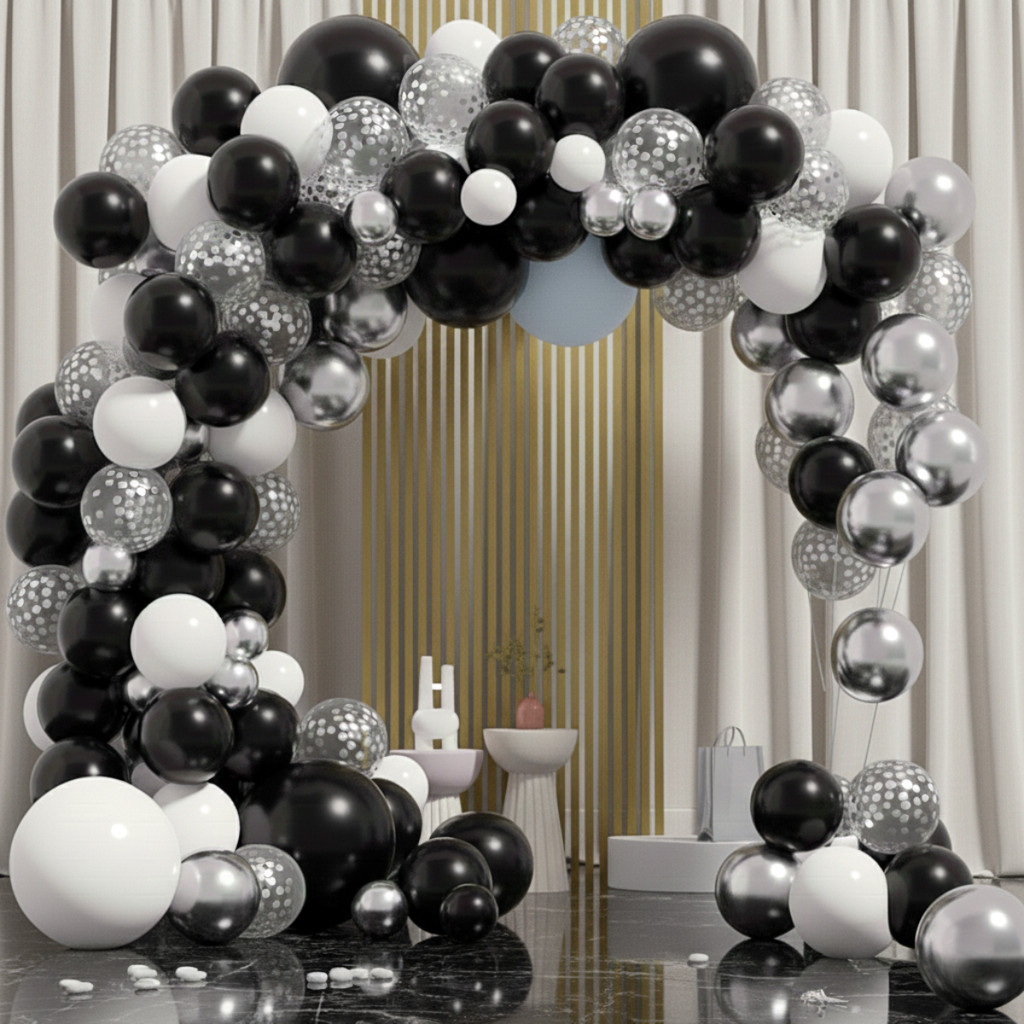 Kit 145 Balões + Fita Bexiga Preto Branco Liso Cromado Prata Luxo Arco Desconstruído Decoração Festa Aniversario Time