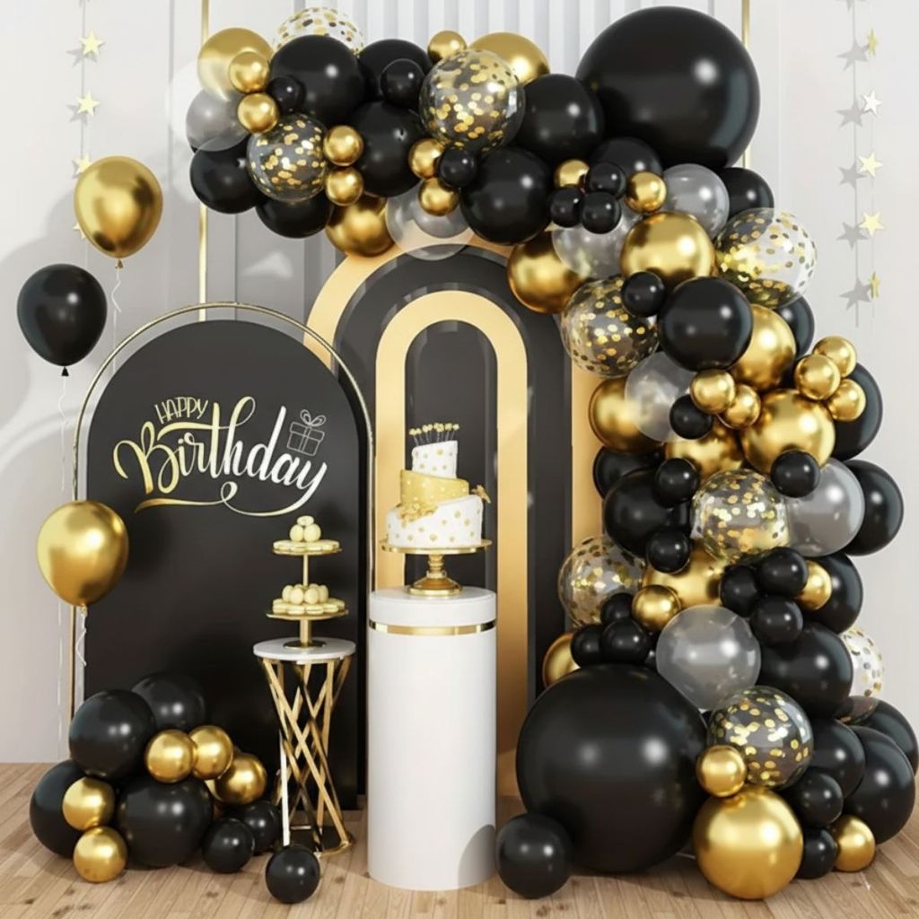 Kit 145 Balões Preto Branco Dourado Cromado Metalizado Decoração Festa Aniversario Arco Desconstruído Guirlanda + Fita