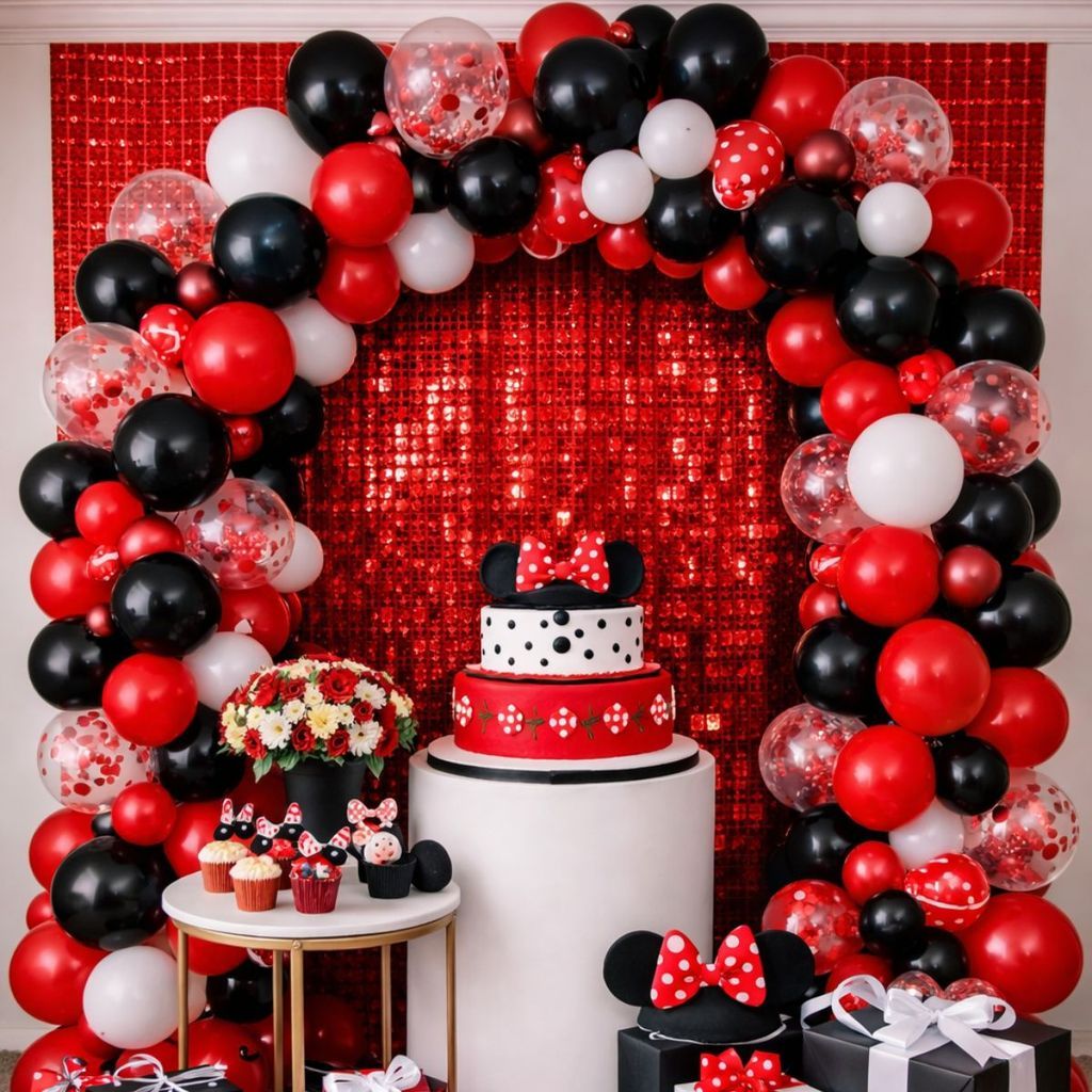 Kit 135 Balões + Fita Decoração Festa Vermelho Preto Branco Comemoração Aniversario Bexiga Arco Desconstruído Guirlanda