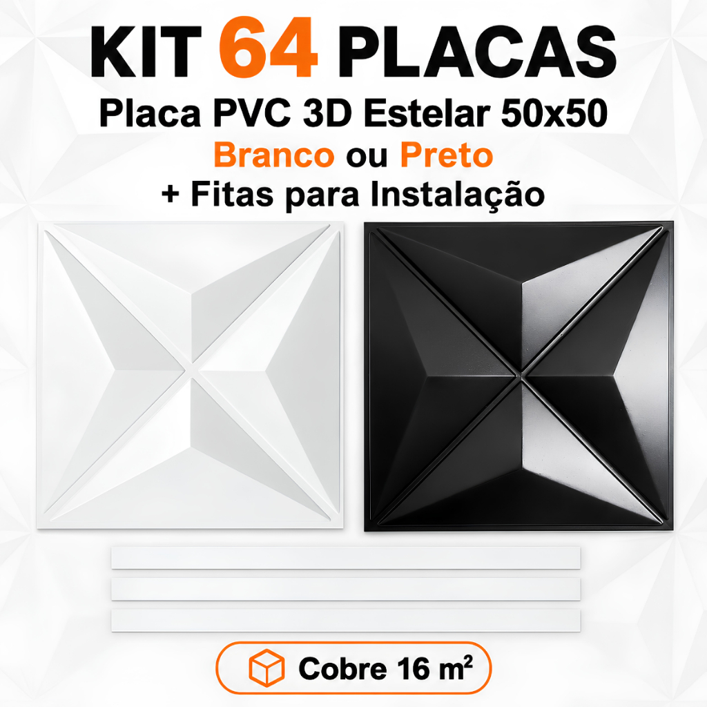 Kit 64 Placas PVC 3D Estelar 50x50 Parede 3D Branco Preto + Fitas
