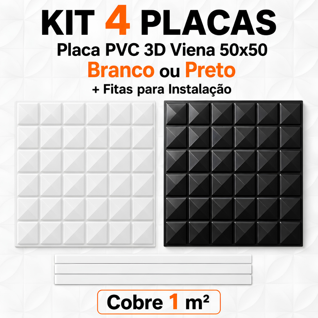 Kit 4 Placas PVC 3D Viena 50x50 Parede Branco Preto + Fitas