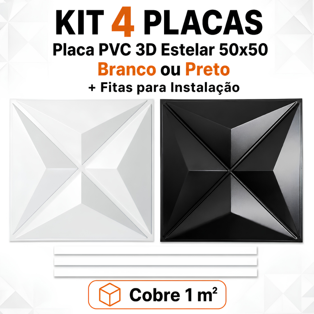 Kit 4 Placas PVC 3D Estelar 50x50 Parede Branco Preto + Fitas