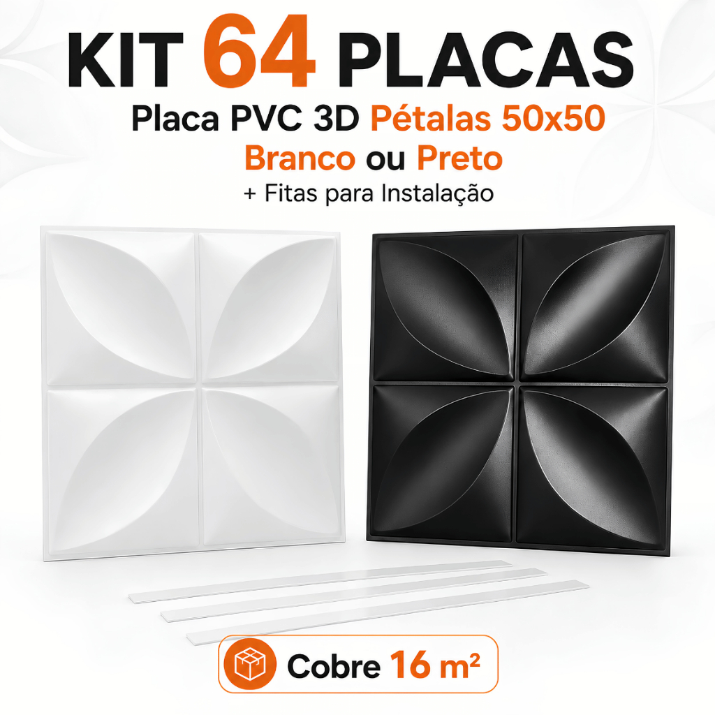 Kit 64 Placas PVC 3D Pétalas 50x50 Parede 3D Branco Preto + Fitas