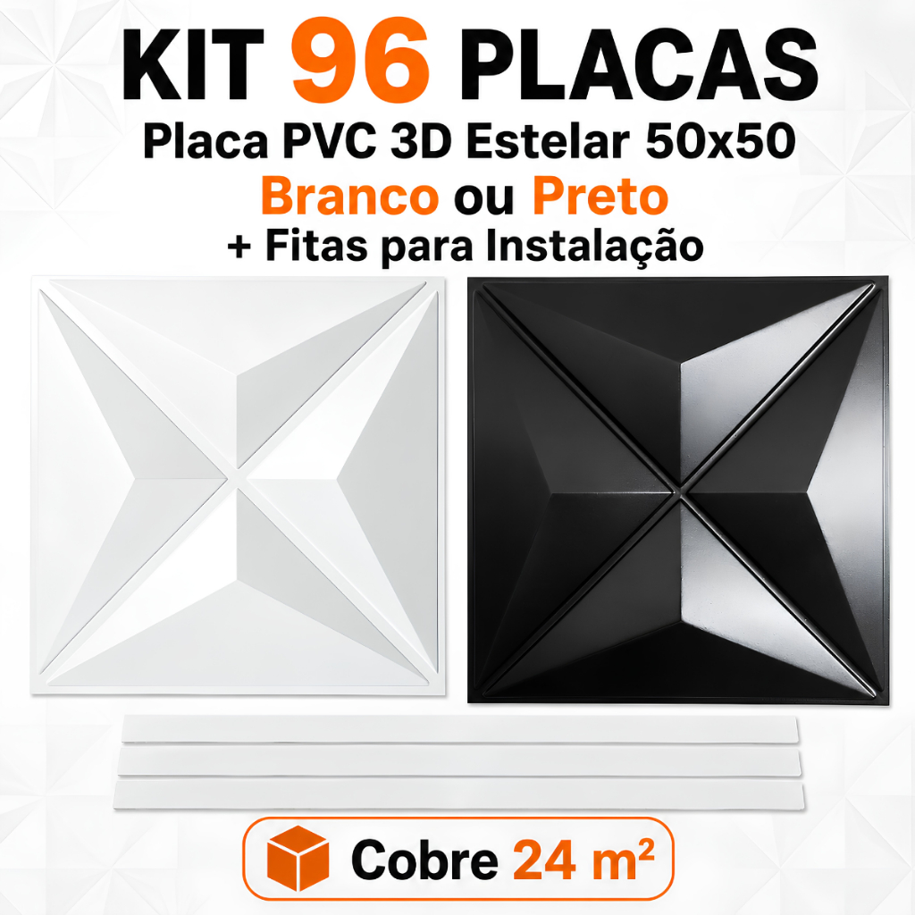 Kit 96 Placas PVC 3D Estelar 50x50 Painel Parede Branco Preto + Fitas