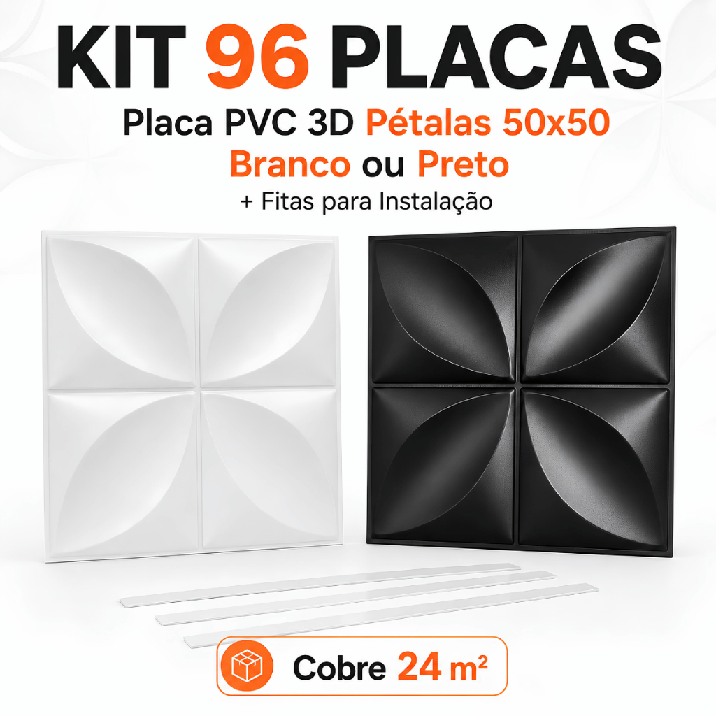 Kit 96 Placas PVC 3D Pétalas 50x50 Painel Parede Branco Preto + Fitas