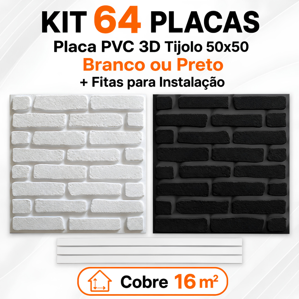 Kit 64 Placas PVC 3D Tijolo 50x50 Parede 3D Branco Preto + Fitas