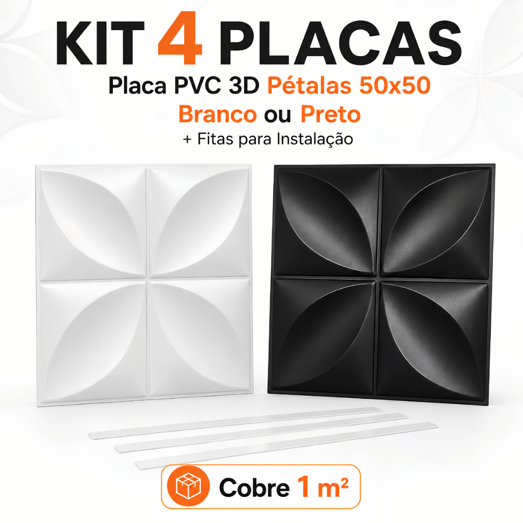 4 Placas PVC 3D Pétalas 50x50 Parede Branco Preto + Fitas