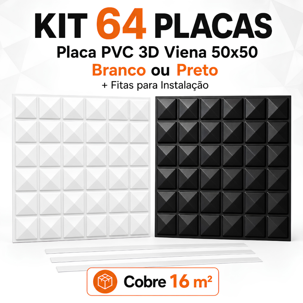 Kit 64 Placas PVC 3D Viena 50x50 Parede 3D Branco Preto + Fitas