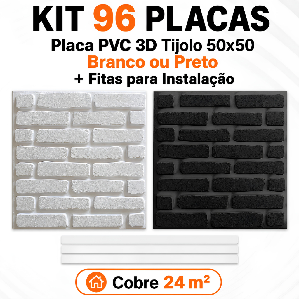 Kit 96 Placas PVC 3D Tijolo 50x50 Painel Parede Branco Preto + Fitas