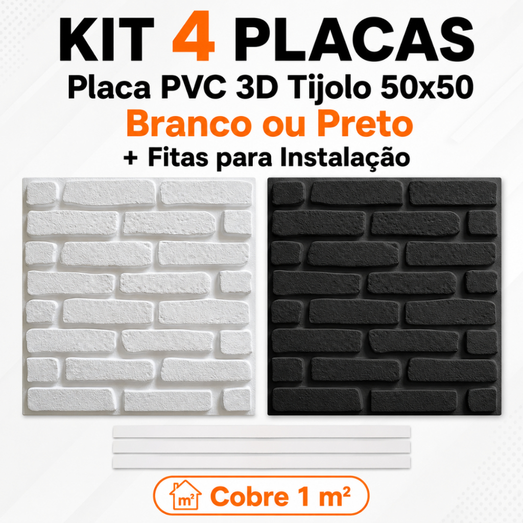 Kit 4 Placas PVC 3D Tijolo 50x50 Parede Branco Preto + Fitas