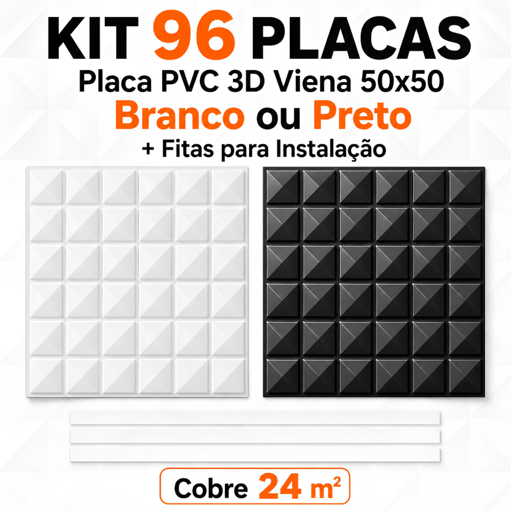 Kit 96 Placas PVC 3D Viena 50x50 Painel Parede Branco Preto + Fitas
