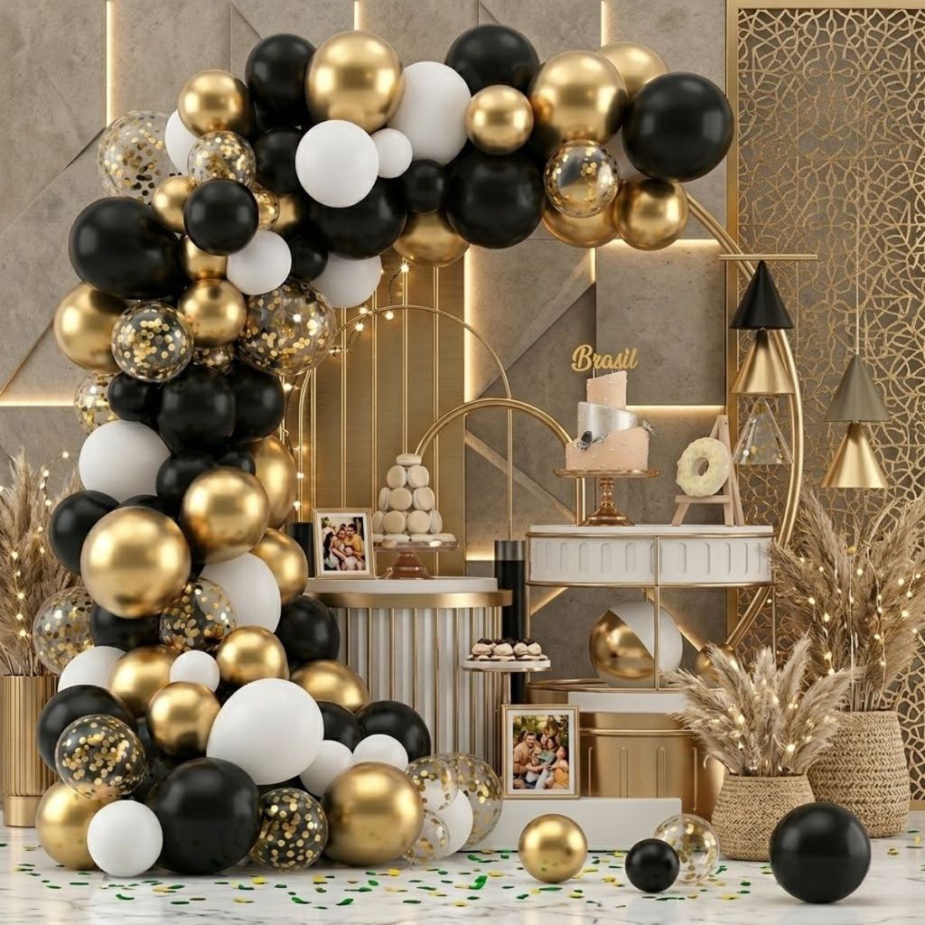 Kit 135 Balões  Aniversario Preto Branco Luxo Dourado Gold Cromado Arco Desconstruído Decoração Festa Ouro e e fita
