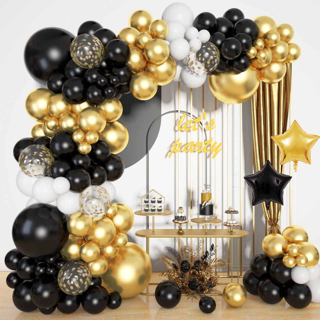 Kit 140 Balões Festa Luxo Preto Dourado Cromado Branco Decoração Aniversario Bola Bexiga Arco Desconstruído + Fita