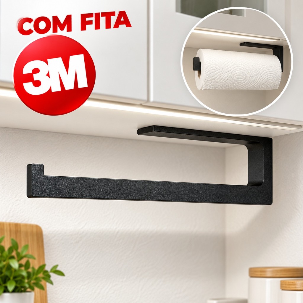 Suporte Papel Toalha Cozinha Parede Porta Rolo Sem Furo Fita 3M Adesivo Embaixo Armário Preto Branco