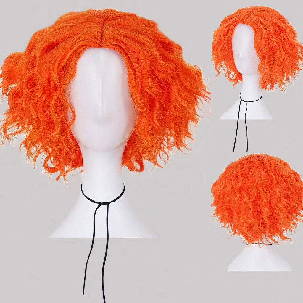 Peruca Curta Laranja Cacheada para Cosplay do Mad Hatter, Alice no País das Maravilhas, 2, Festa de Carnaval de Hallowee