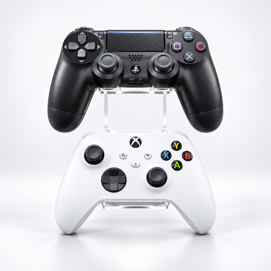 Suporte de Controle Duplo Gamer Acrílico Universal Xbox PS3 PS4 PS5  Cristal Parede e Mesa