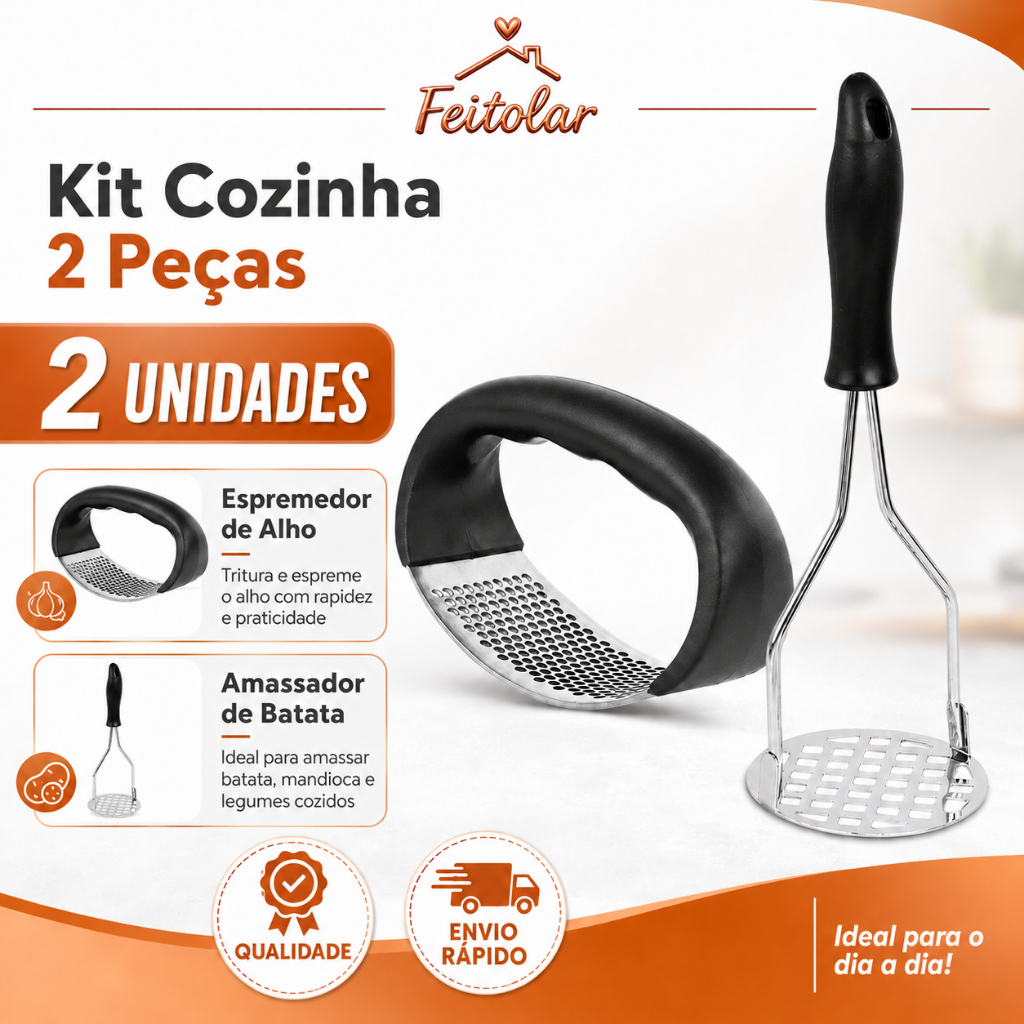 Kit 2 Peças Amassador de Alho e Batata Aço Inox Pures Prático Ergonômico