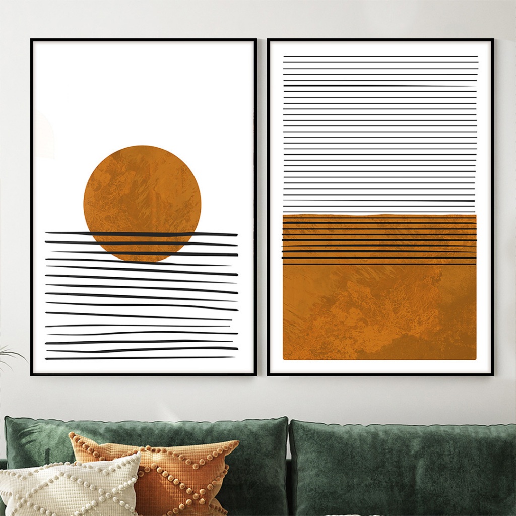Quadro Boho Chic Kit 2 Quadros Decorativos Com Moldura Quadro Abstrato Grande Sol Marrom