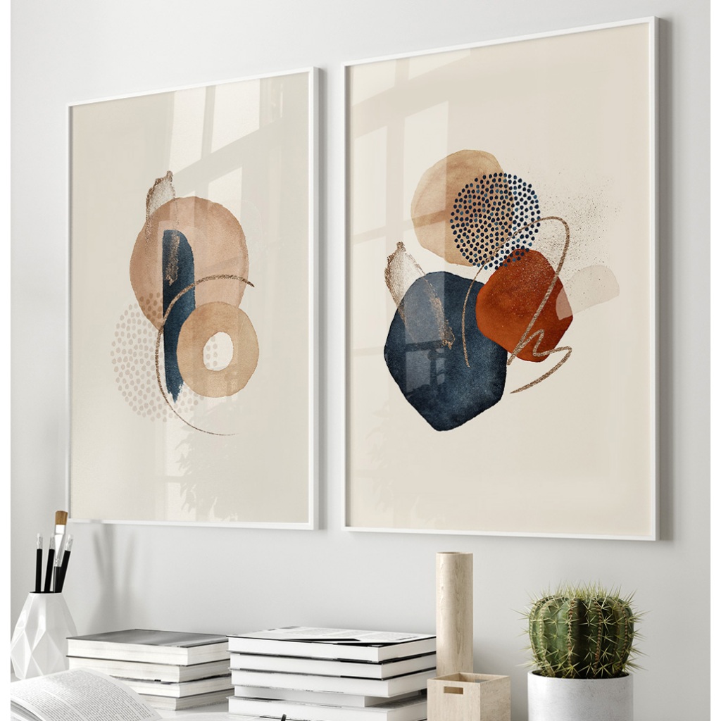 Quadro Boho Abstrato Para Sala Quadro Com Moldura E Vidro Quadro Decorativo Grande Forma Fluída Duo